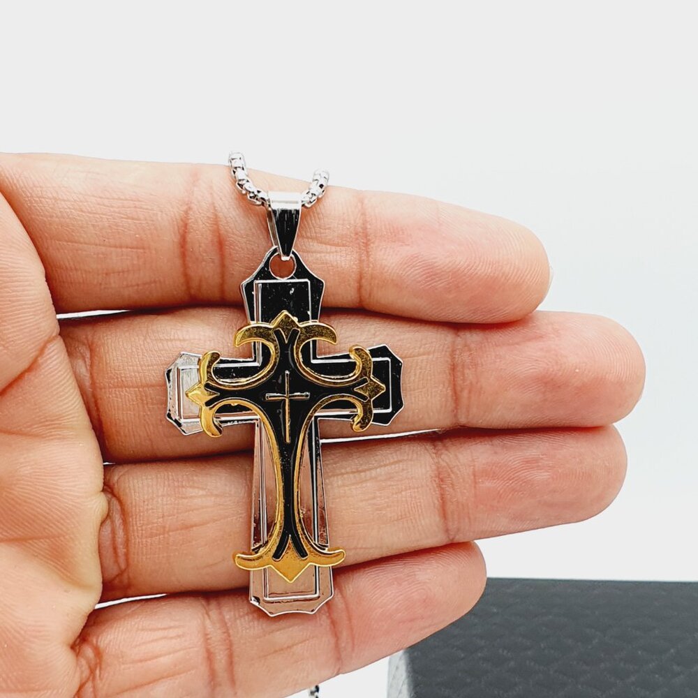 ❤️ Stainless Steel Retro Layered Cross Necklace , N90201P120 - Picture 9 of 13